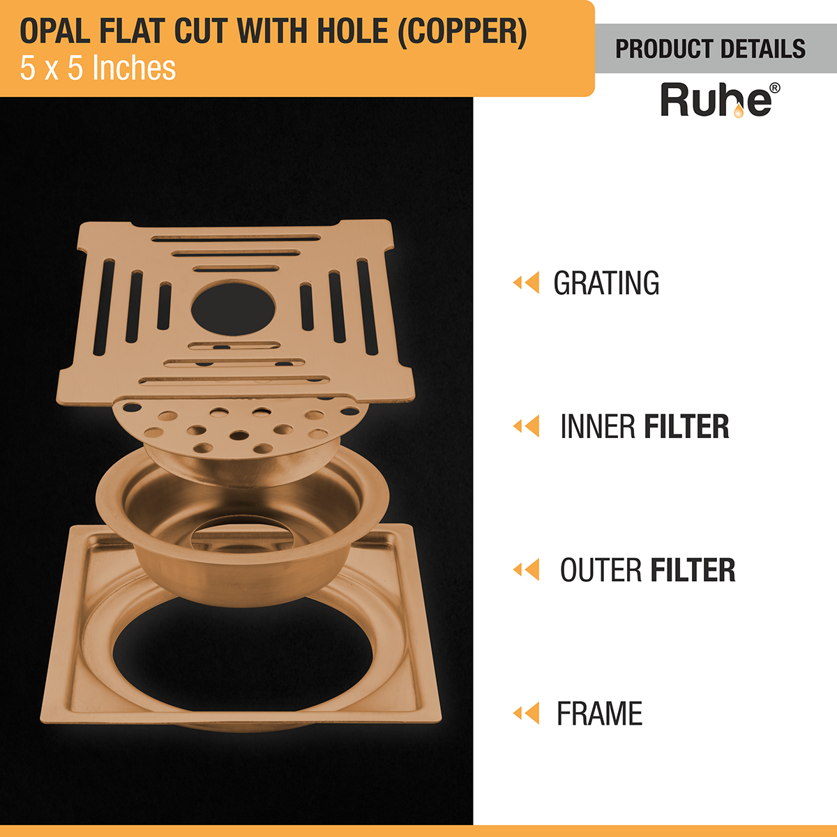 Opal Square Flat Cut Floor Drain in Antique Copper PVD Coating (6 x 6 Inches) with Hole - by Ruhe®