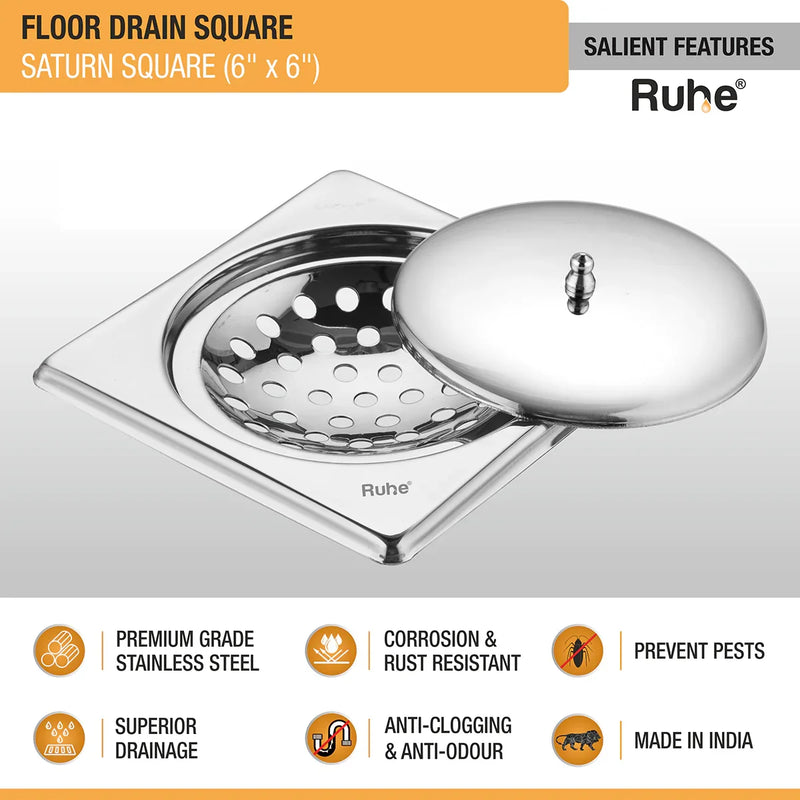 Saturn Square Floor Drain (6 x 6 Inches) with Lid - by Ruhe