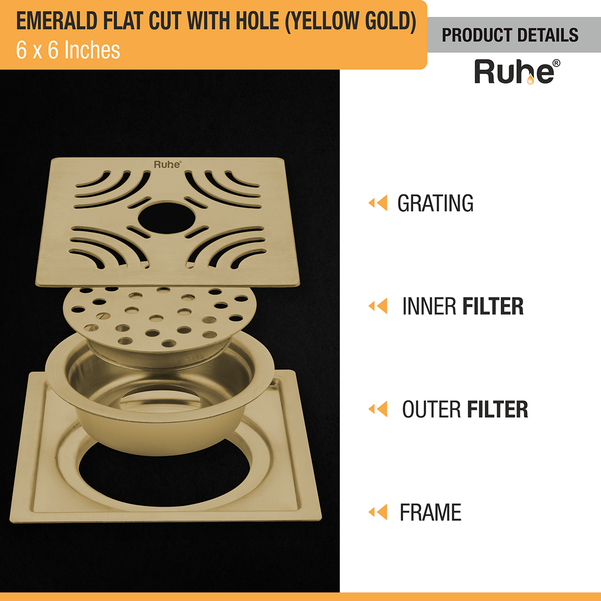 Emerald Square Flat Cut Floor Drain in Yellow Gold PVD Coating (6 x 6 Inches) with Hole product details
