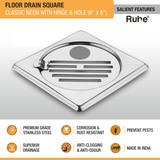 Classic Neon Square Floor Drain (6 x 6 inches) with Hole and Hinged Grating Top features