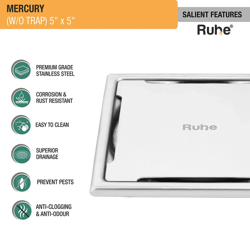 Mercury Square Premium Floor Drain (5 x 5 Inches) - by Ruhe