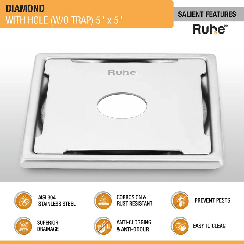 Diamond Square 304-Grade Floor Drain with Hole (5 x 5 Inches) - by Ruhe
