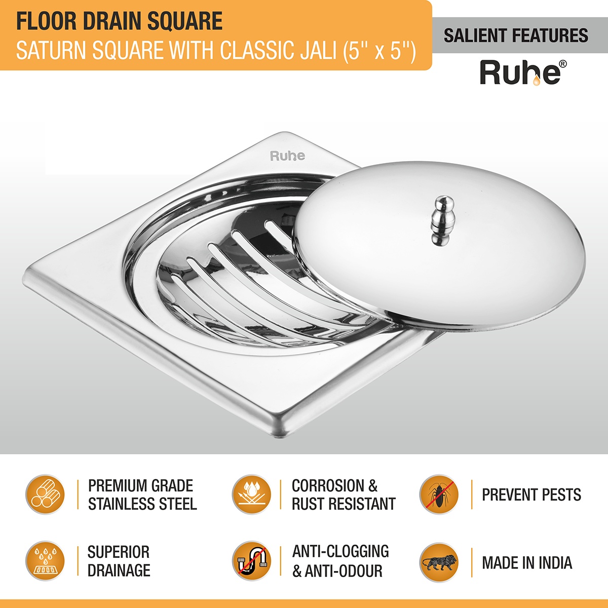 Saturn Classic Jali Square Floor Drain (5 x 5 Inches) with Lid - by Ruhe®