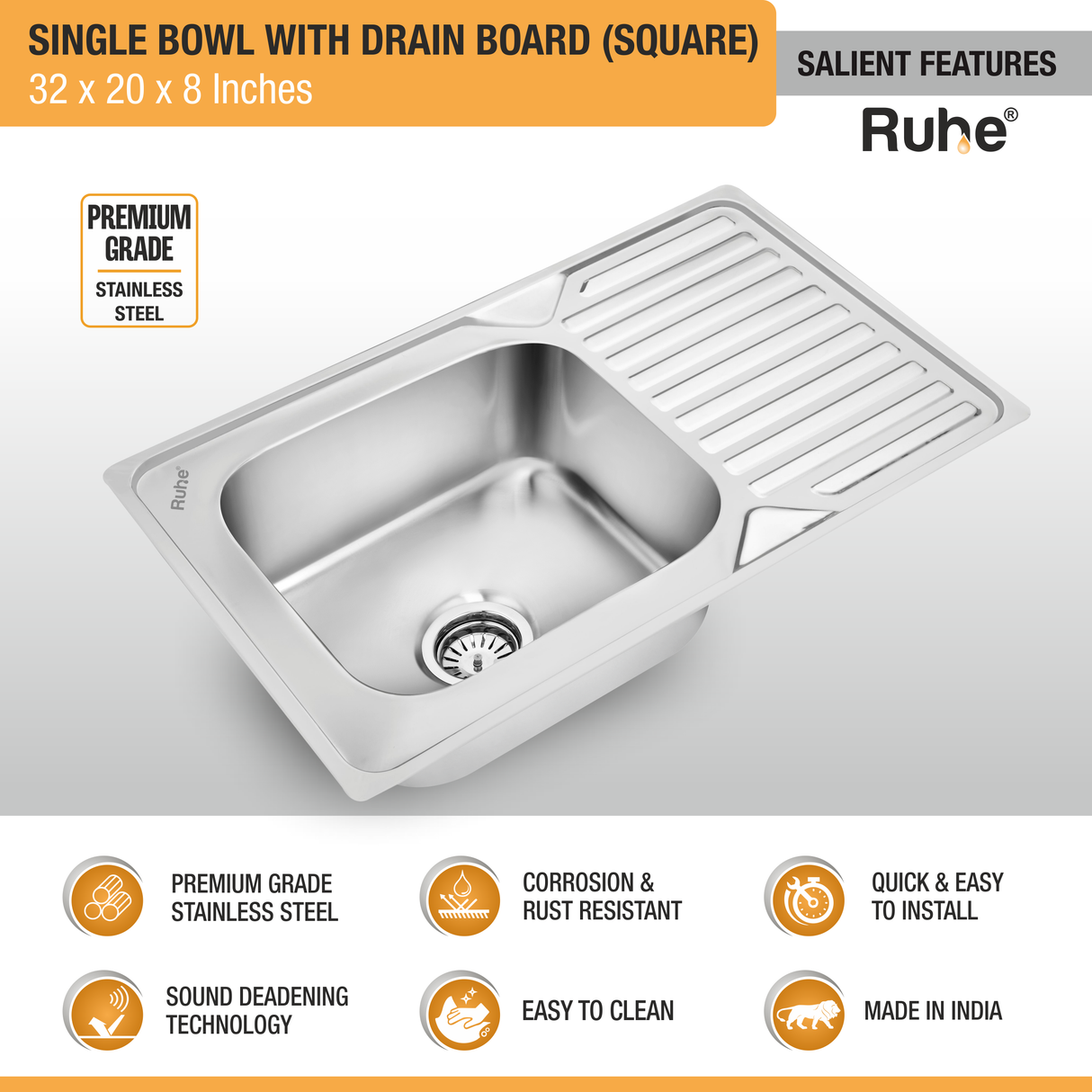 Square Single Bowl (32 x 20 x 8 inches) Kitchen Sink with Drainboard features