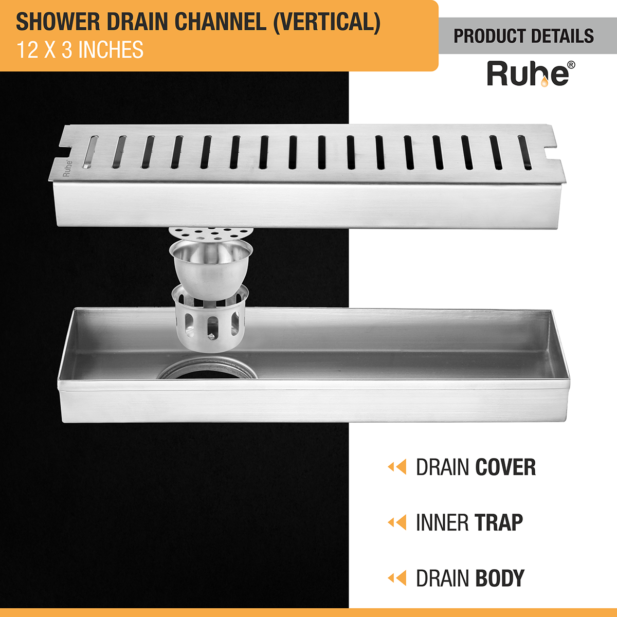 Vertical Shower Drain Channel (12 x 3 Inches) with Cockroach Trap (304 Grade) - by Ruhe®