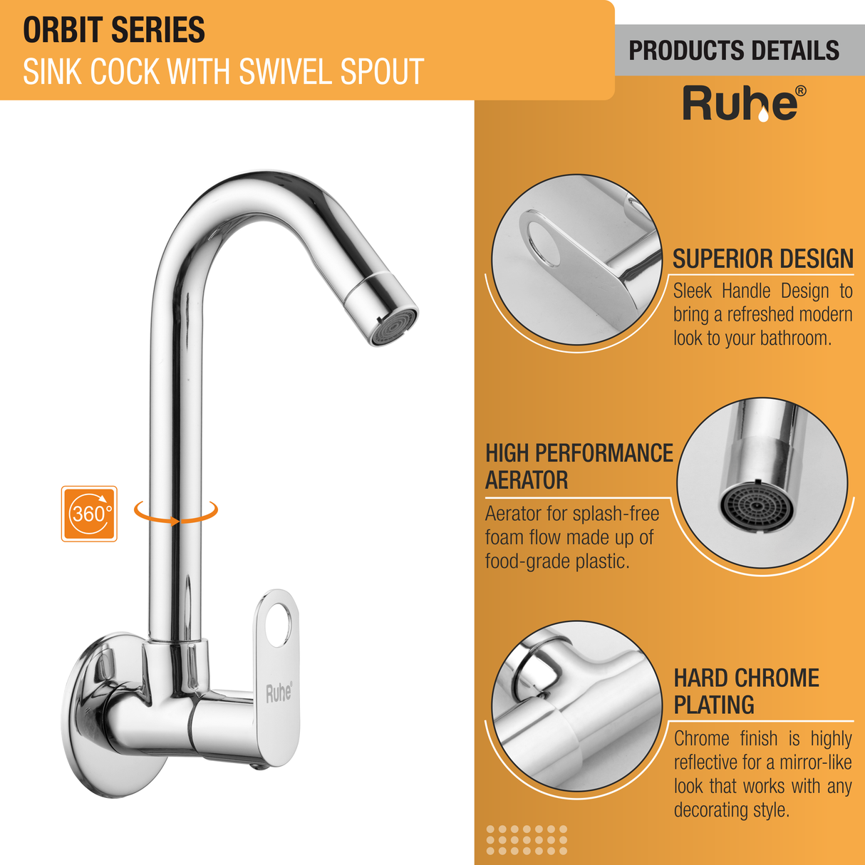 Orbit Sink Tap with Small (12 inches) Round Swivel Spout Brass Faucet product details