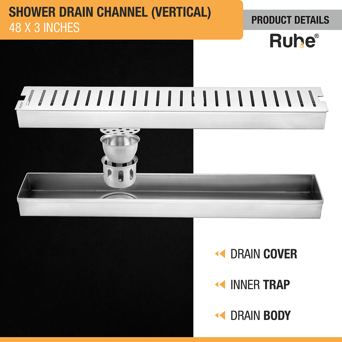 Vertical Shower Drain Channel (48 x 3 Inches) with Cockroach Trap (304 Grade) - by Ruhe®