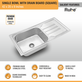 Square Single Bowl (42 x 20 x 9 Inches) Premium Stainless Steel Kitchen Sink with Drainboard features and benefits