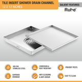 Tile Insert Shower Drain Channel (12 x 12 Inches) with Cockroach Trap (304 Grade) features