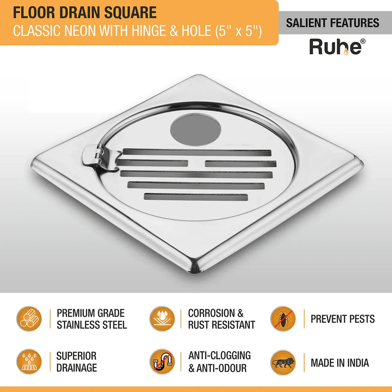 Classic Neon Square Floor Drain (5 x 5 inches) with Hole and Hinged Grating Top - by Ruhe