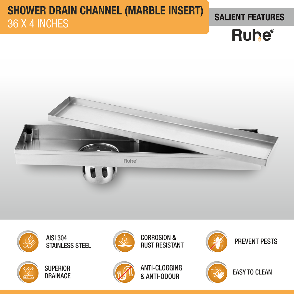 Marble Insert Shower Drain Channel (36 x 4 Inches) with Cockroach Trap (304 Grade) - by Ruhe®