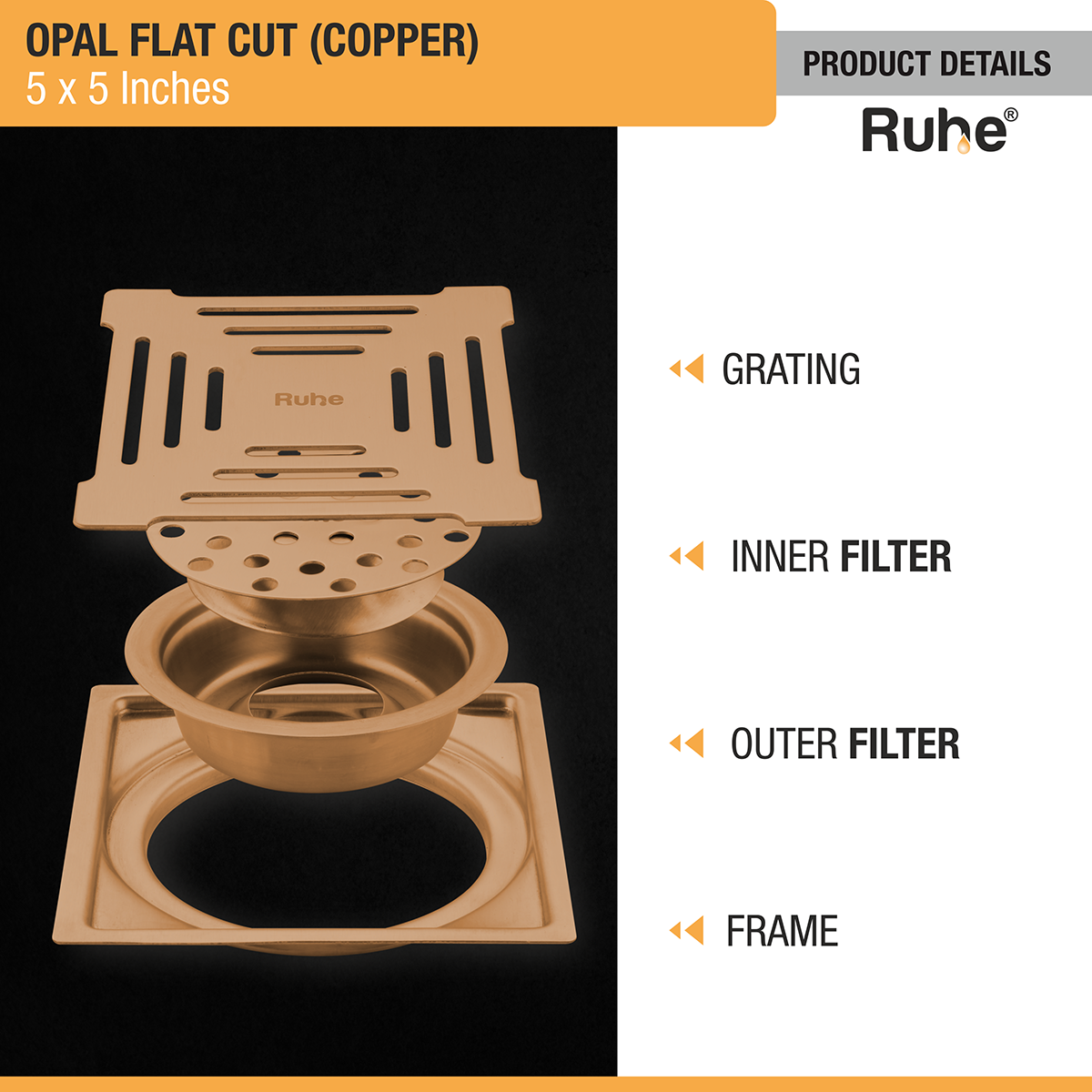 Opal Square Flat Cut Floor Drain in Antique Copper PVD Coating (5 x 5 Inches) - by Ruhe®