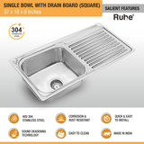 Square Single Bowl (37 x 18 x 8 Inches) 304-Grade Stainless Steel Kitchen Sink with Drainboard features and benefits