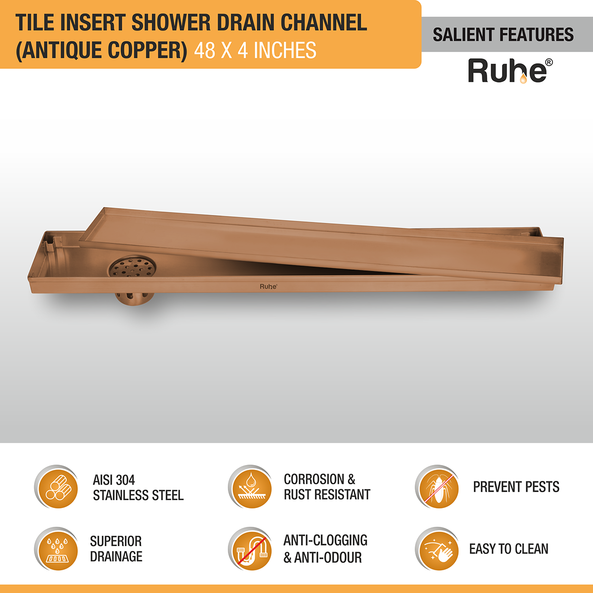 Tile Insert Shower Drain Channel (48 x 4 Inches) ROSE GOLD PVD Coated - by Ruhe®