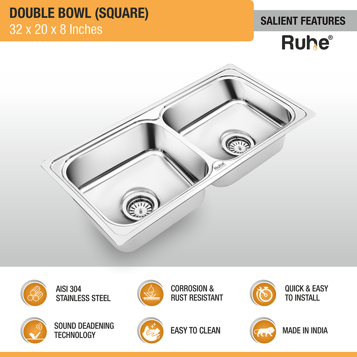 Square Double Bowl 304-Grade (32 x 20 x 8 inches) Kitchen Sink - by Ruhe