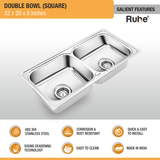 Square Double Bowl (32 x 20 x 8 inches) 304-Grade Kitchen Sink features and benefits