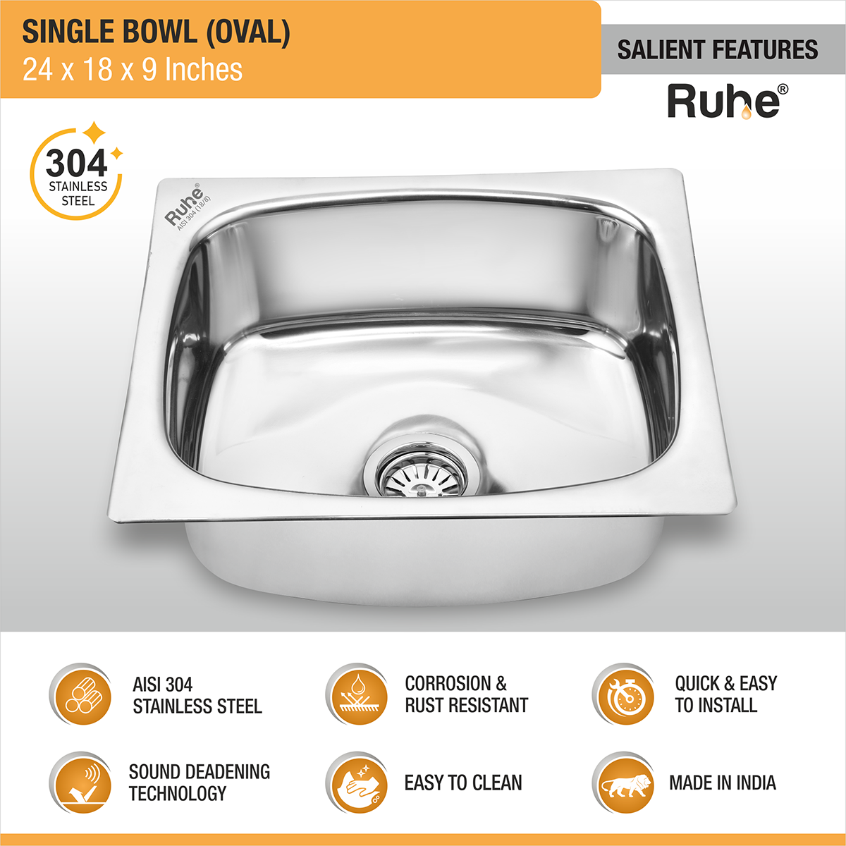 Oval Single Bowl 304-Grade Kitchen Sink (24 x 18 x 9 inches)– by Ruhe