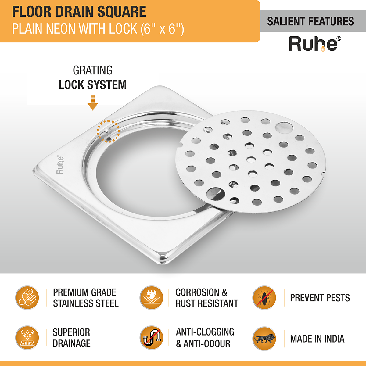 Plain Neon with Collar Square Floor Drain (6 x 6 inches) with Lock - by Ruhe®