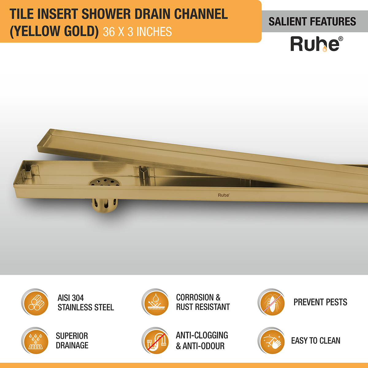 Tile Insert Shower Drain Channel (36 x 3 Inches) YELLOW GOLD PVD Coated - by Ruhe®