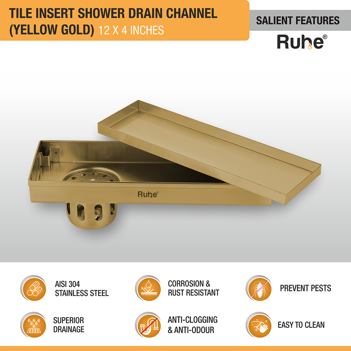 Tile Insert Shower Drain Channel (12 x 4 Inches) YELLOW GOLD PVD Coated - by Ruhe®