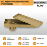 Tile Insert Shower Drain Channel (12 x 4 Inches) YELLOW GOLD PVD Coated features and benefits