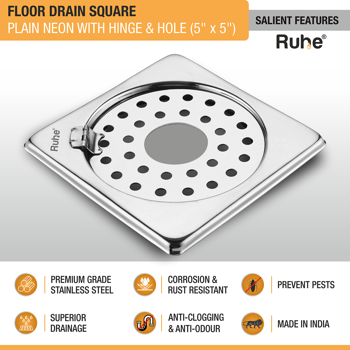 Plain Neon Square Floor Drain (5 x 5 inches) with Hole and Hinged Grating Top - by Ruhe®