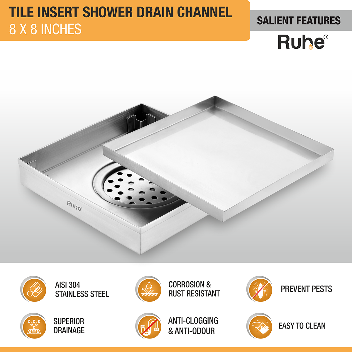 Tile Insert Shower Drain Channel (8 x 8 Inches) with Cockroach Trap (304 Grade) - by Ruhe®