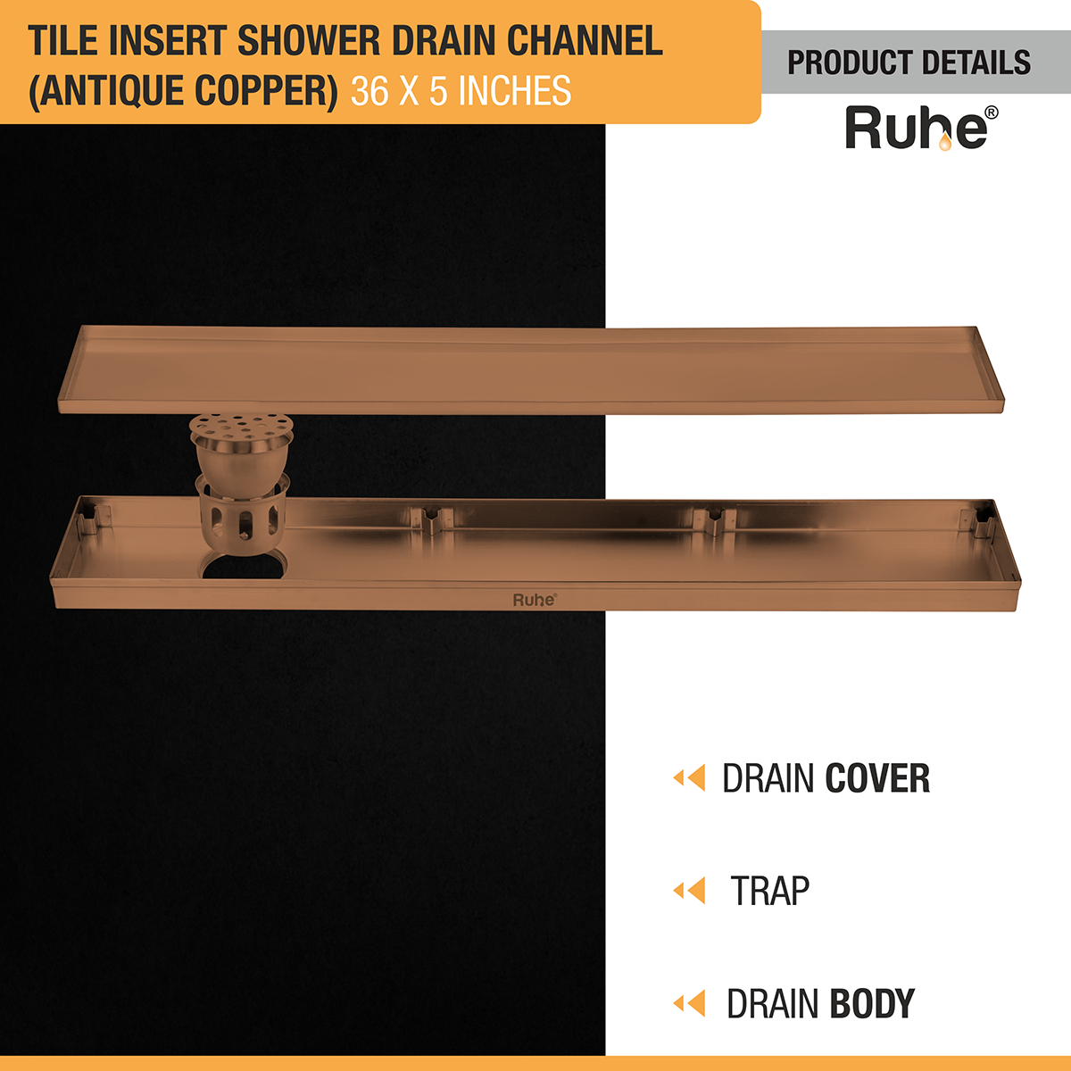 Tile Insert Shower Drain Channel (36 x 5 Inches) ROSE GOLD PVD Coated - by Ruhe®