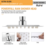 Ultra Sleek 304-Grade Overhead Shower (8 x 8 inches) rain shower head features