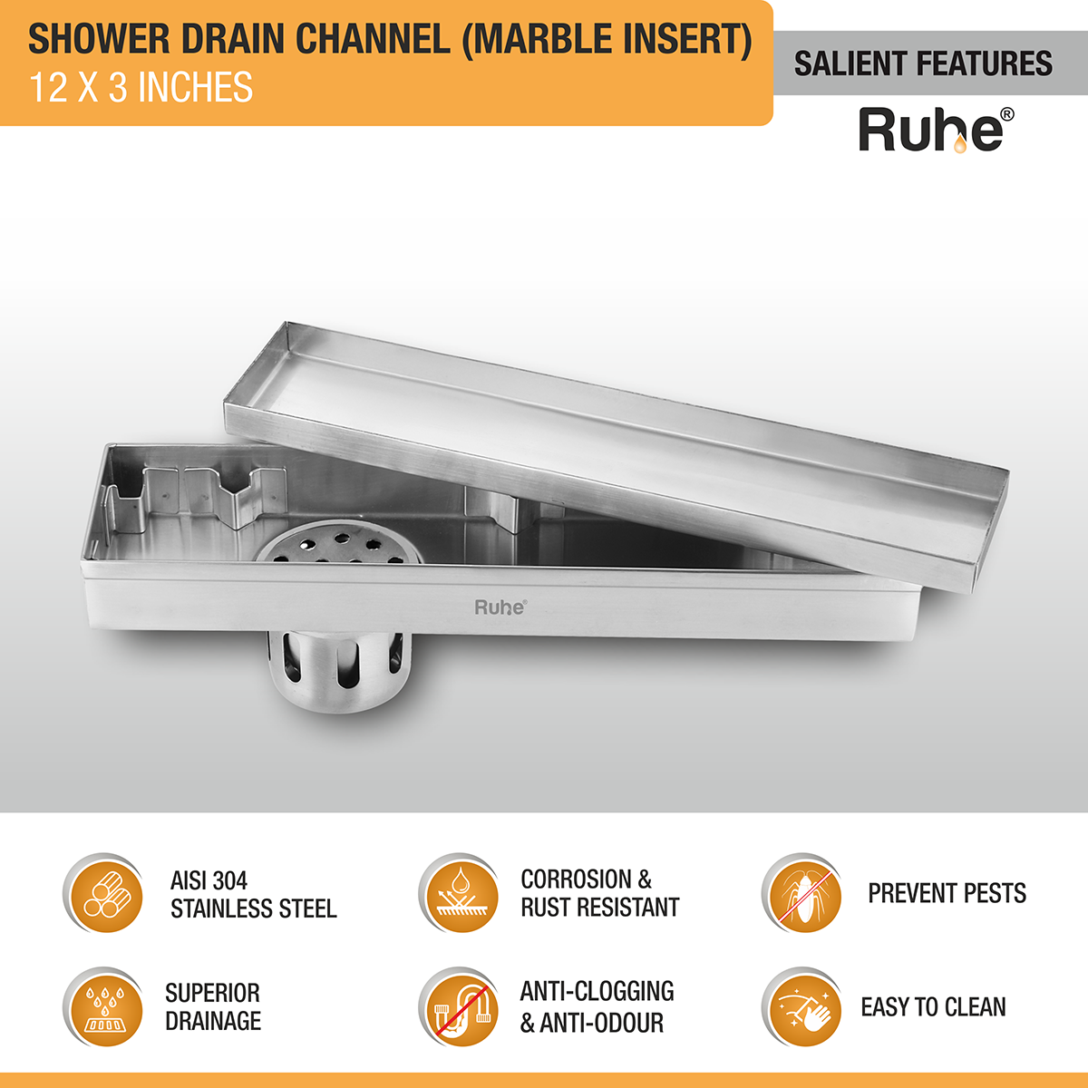 Marble Insert Shower Drain Channel (12 x 3 Inches) with Cockroach Trap (304 Grade) - by Ruhe®