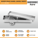 Marble Insert Shower Drain Channel (12 x 3 Inches) with Cockroach Trap (304 Grade) features