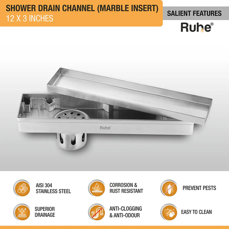 Marble-Insert Shower Drain Channel (3 Inches)