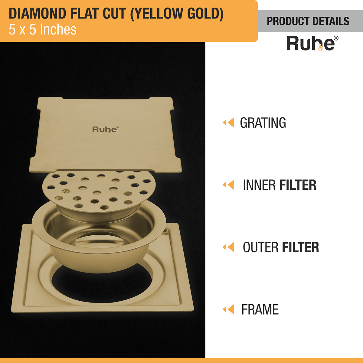 Diamond Square Flat Cut Floor Drain in Yellow Gold PVD Coating (5 x 5 Inches) - by Ruhe