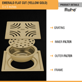 Emerald Square Flat Cut Floor Drain in Yellow Gold PVD Coating (5 x 5 Inches) product details
