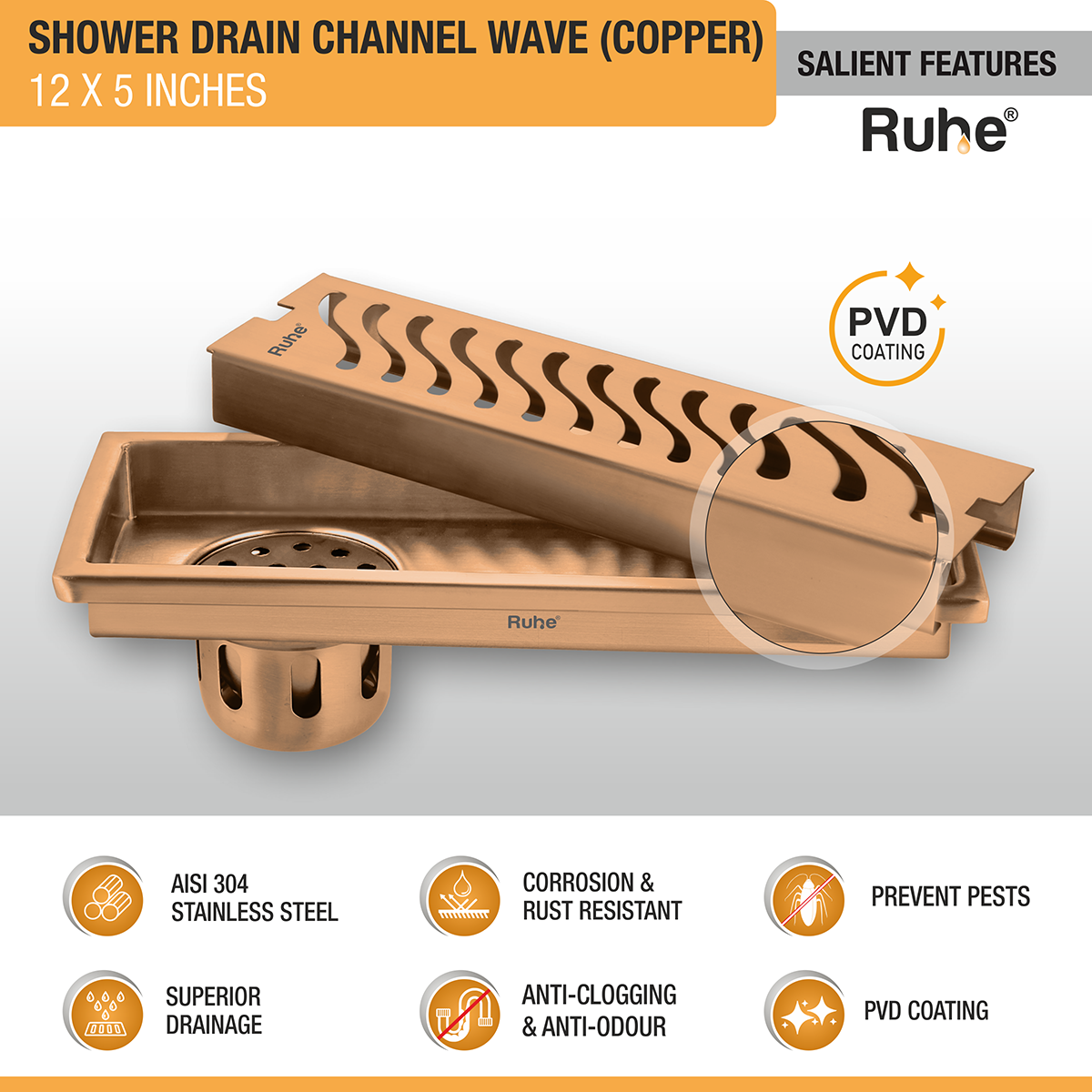 Wave Shower Drain Channel (12 x 5 Inches) ROSE GOLD PVD Coated - by Ruhe®