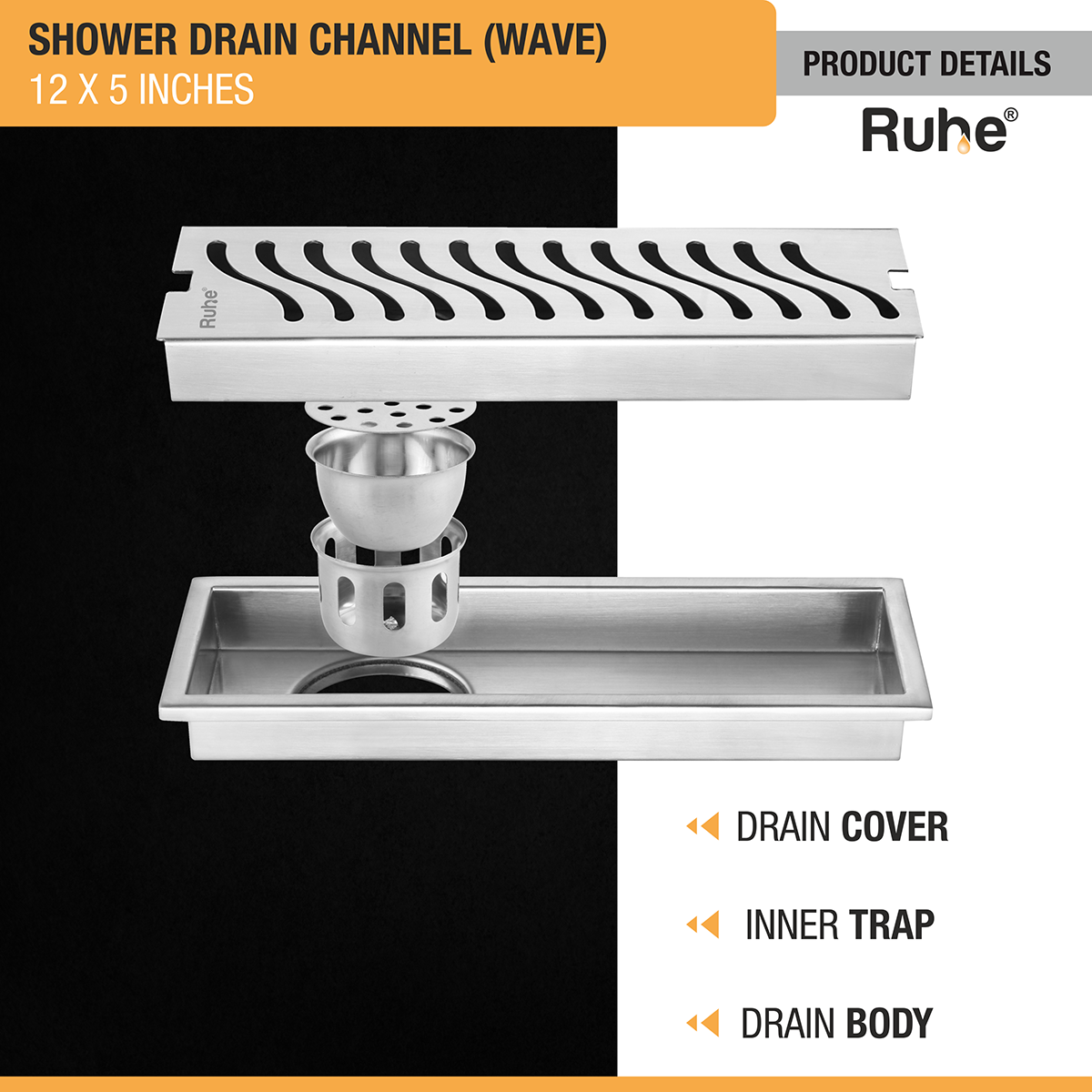 Wave Shower Drain Channel (12 x 5 Inches) with Cockroach Trap (304 Grade) - by Ruhe®