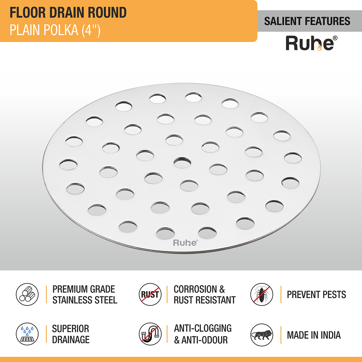 Plain Polka Round Floor Drain (4 Inches) (Pack of 4) - by Ruhe®