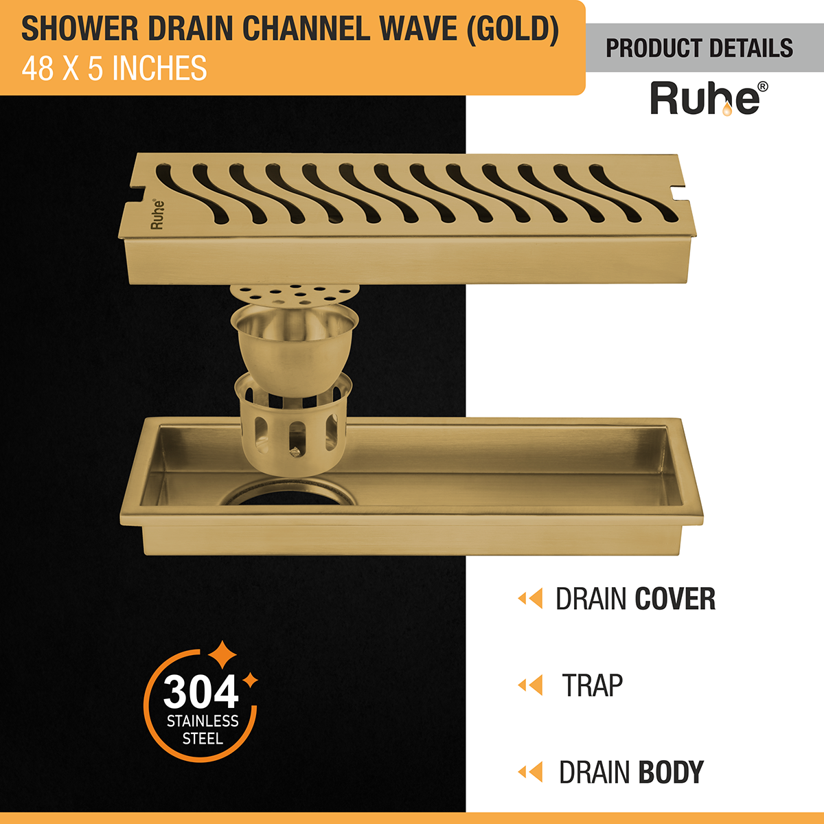 Wave Shower Drain Channel (48 x 5 Inches) YELLOW GOLD PVD Coated - by Ruhe®