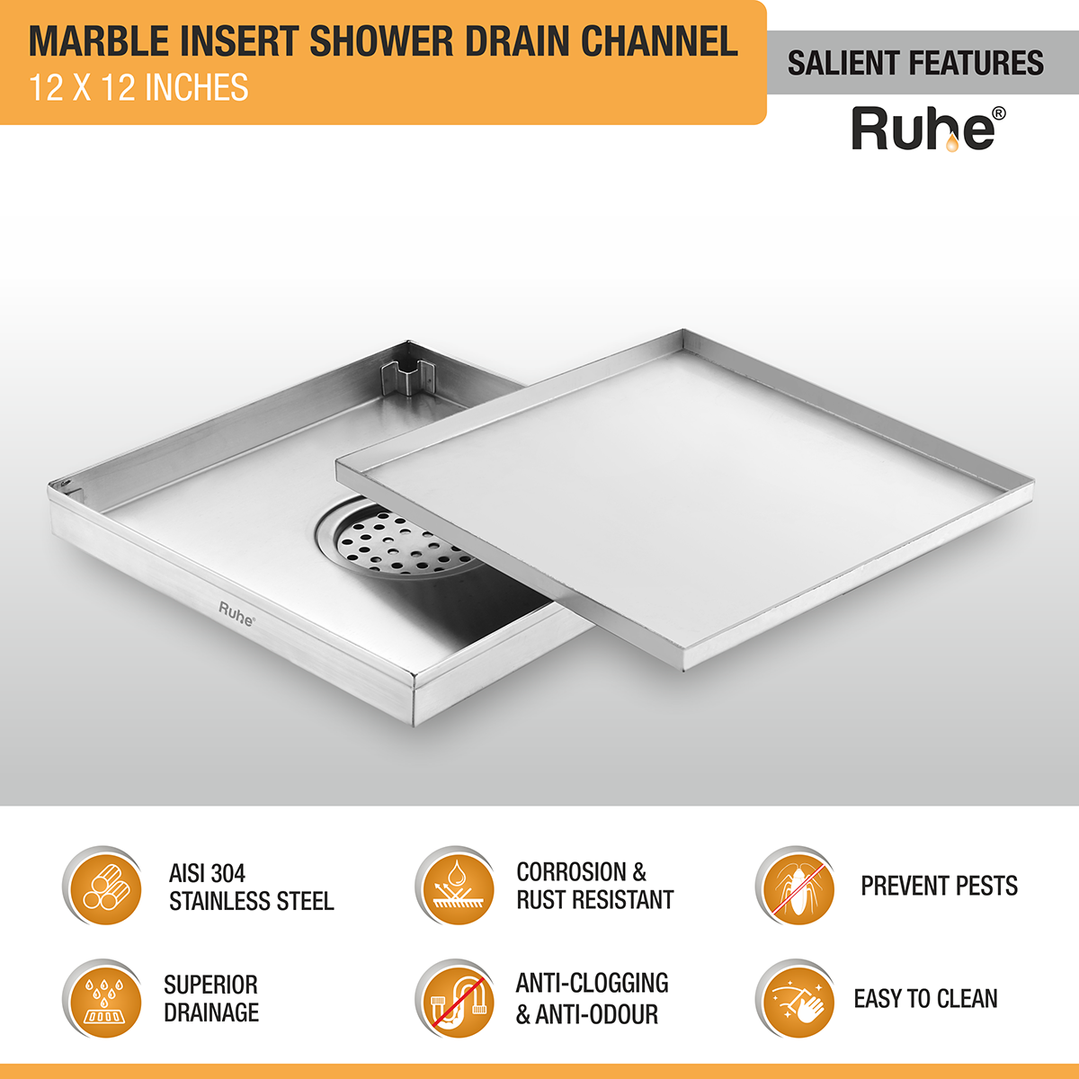 Marble Insert Shower Drain Channel (12 x 12 Inches) with Cockroach Trap (304 Grade) - by Ruhe®