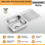 Square Single Bowl (37 x 18 x 8 Inches) Premium Stainless Steel Kitchen Sink with Drainboard features and benefits