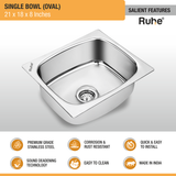 Oval Single Bowl (21 x 18 x 8 inches) Kitchen Sink features and benefits