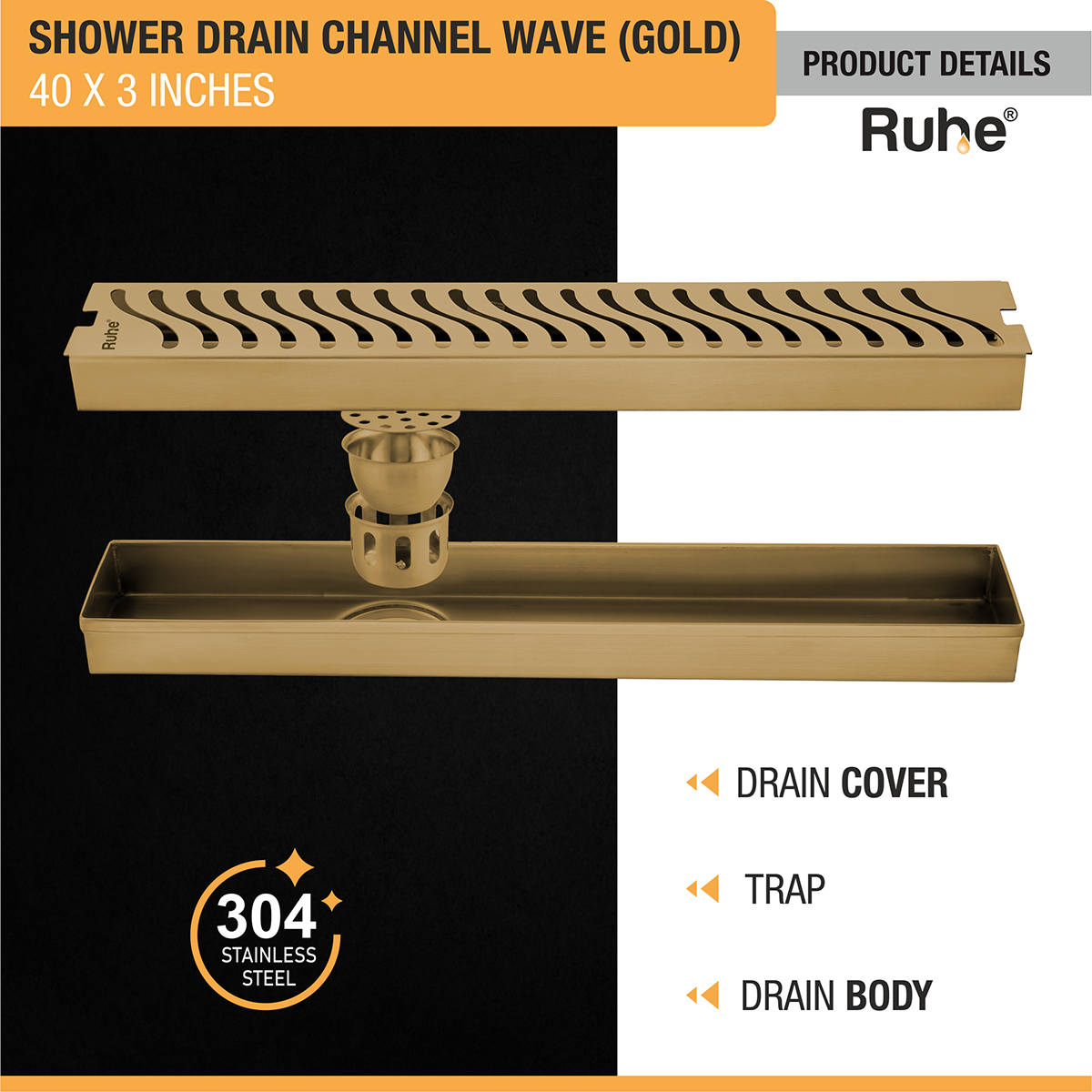 Wave Shower Drain Channel (40 x 3 Inches) YELLOW GOLD PVD Coated - by Ruhe®