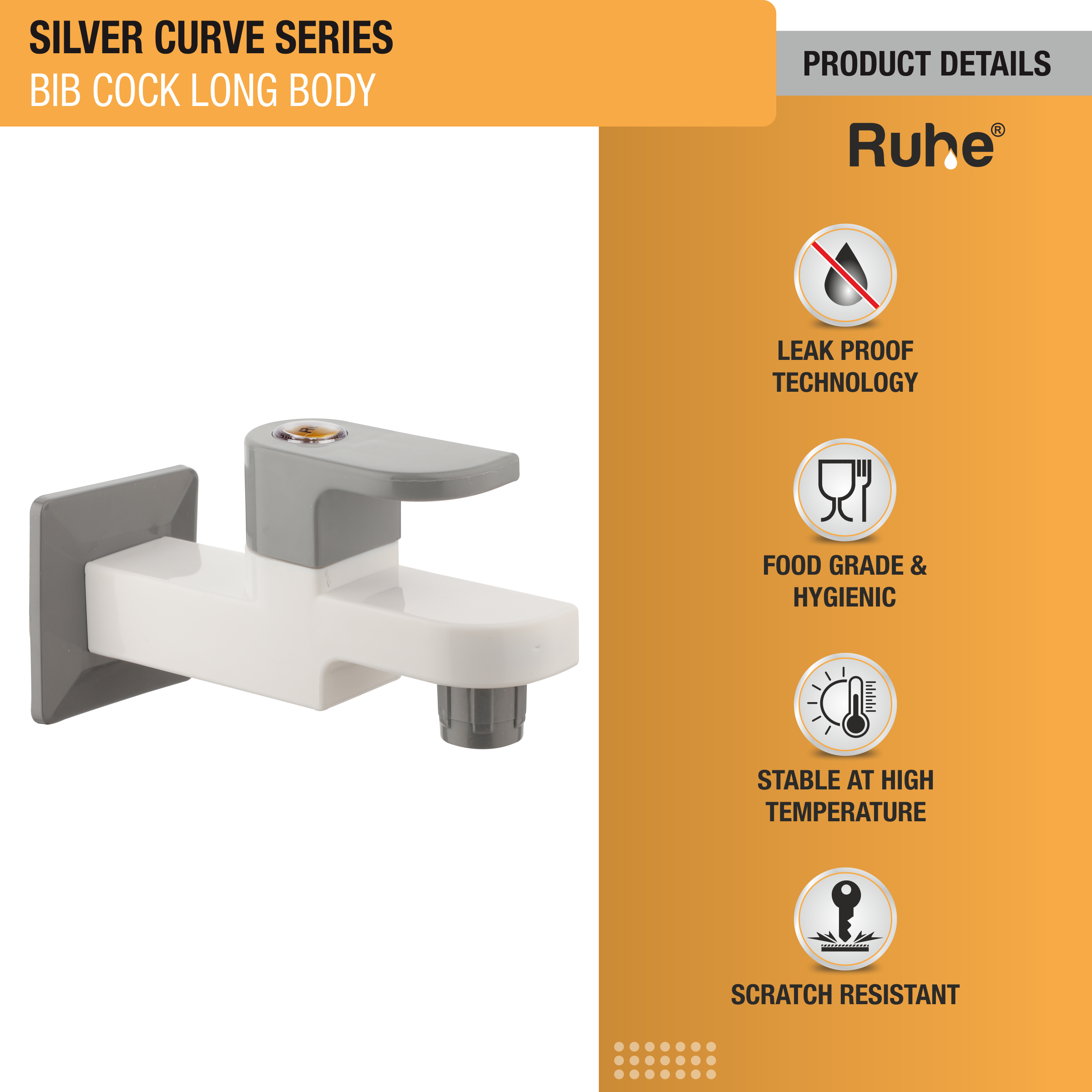 Silver Curve PTMT Bib Cock Long Body Faucet product details