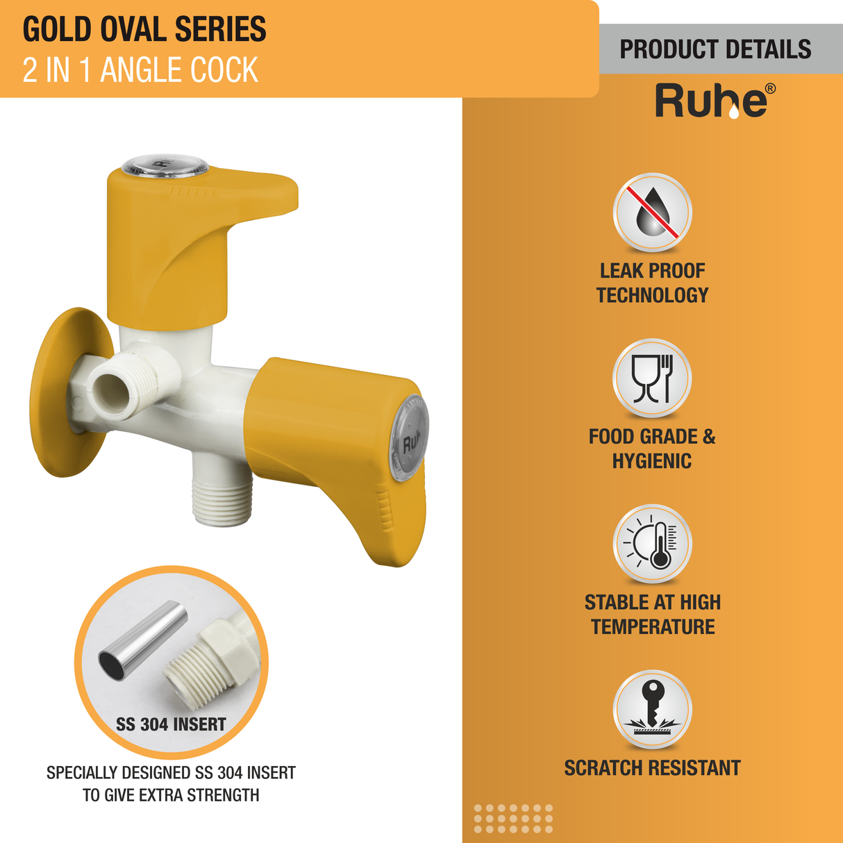 Gold Oval PTMT 2 in 1 Angle Cock Faucet details