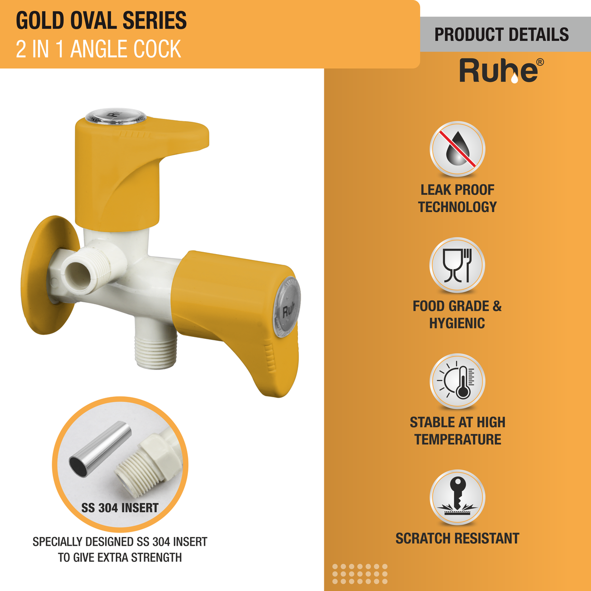 Gold Oval Two Way Angle Valve PTMT Faucet (Double Handle) - by Ruhe®