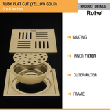 Ruby Square Flat Cut Floor Drain in Yellow Gold PVD Coating (6 x 6 Inches) product details