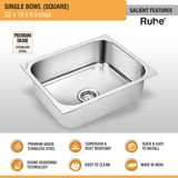 Square Single Bowl Kitchen Sink (22 x 18 x 8 inches) features and sizes