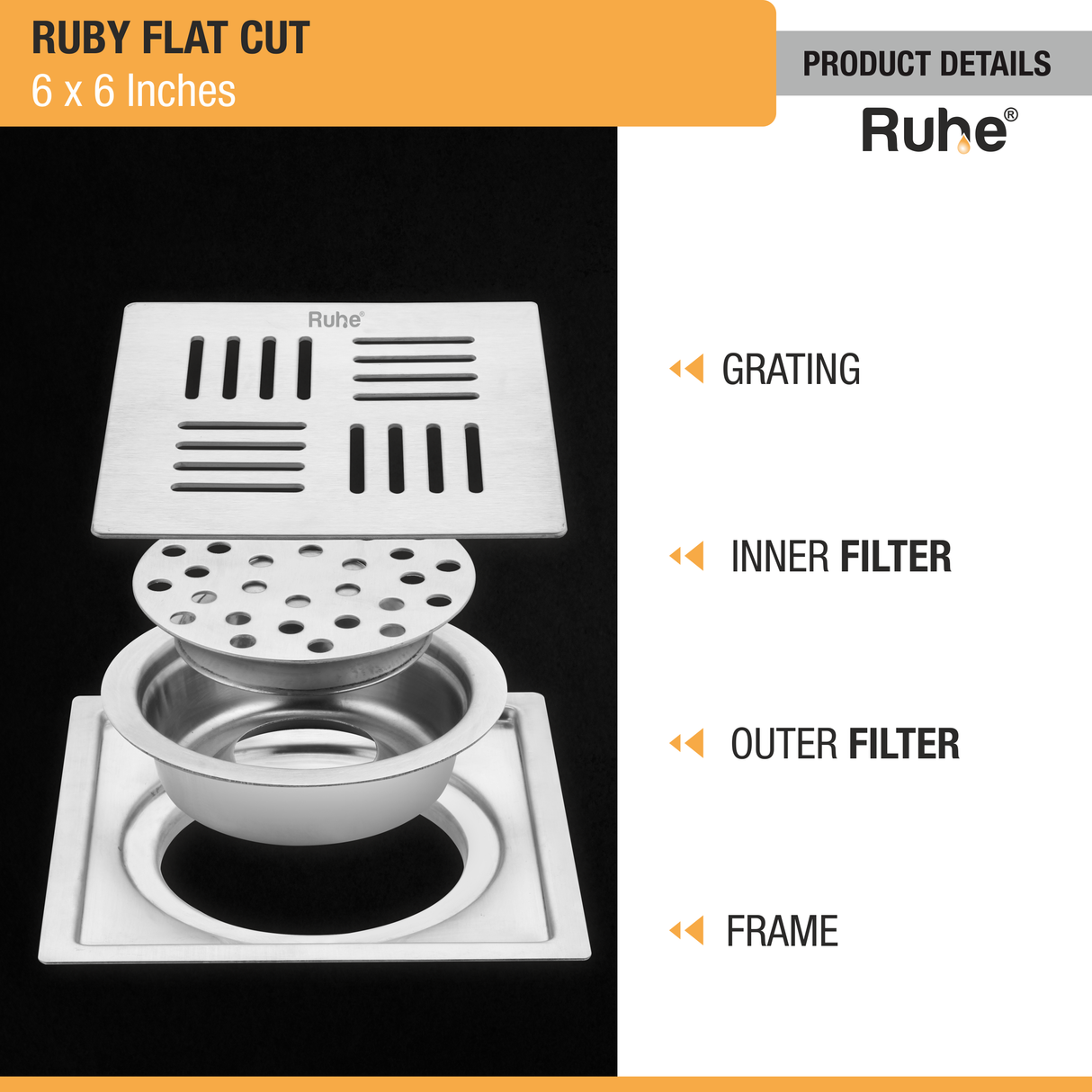 Ruby Square Flat Cut 304-Grade Floor Drain with Cockroach Trap (6 x 6 Inches) - by Ruhe®