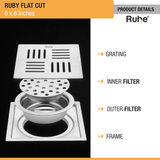 Ruby Floor Drain Square Flat Cut (6 x 6 Inches) with Cockroach Trap (304 Grade) product details