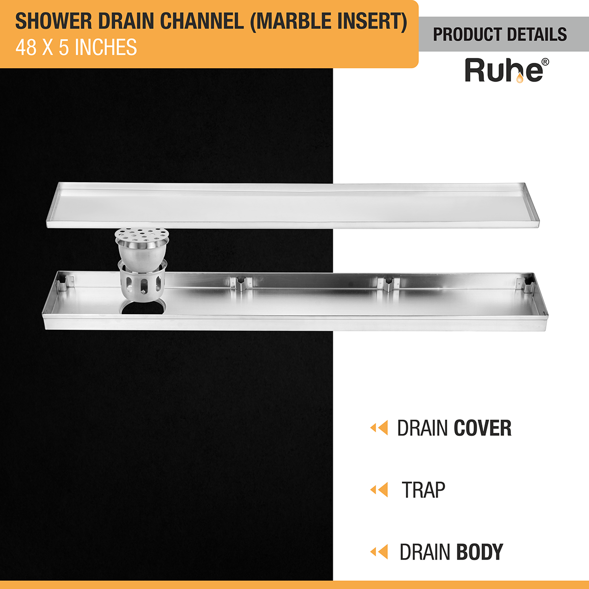 Marble Insert Shower Drain Channel (48 x 5 Inches) with Cockroach Trap (304 Grade) - by Ruhe®